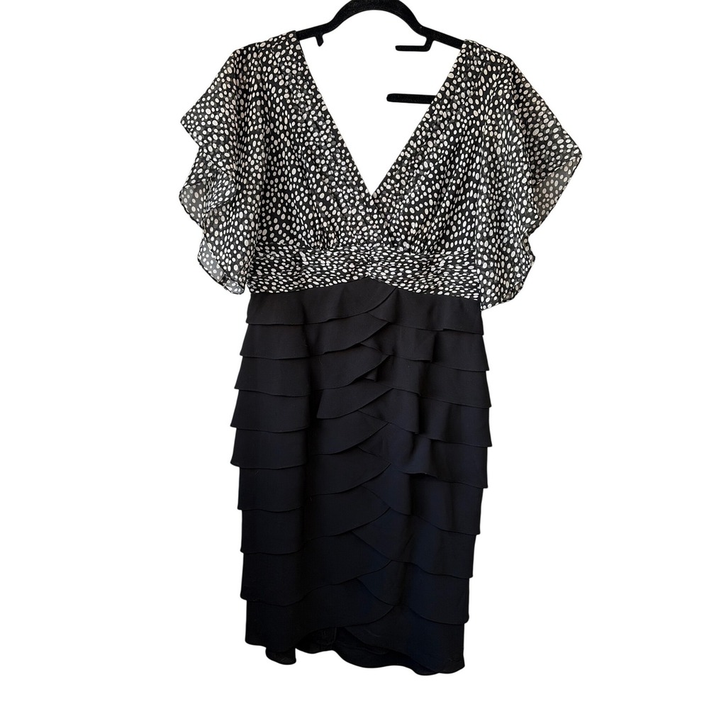 Adrianna Papell Women Black White Polka Dot Tiered Ruffle Cocktail Dress Size 10